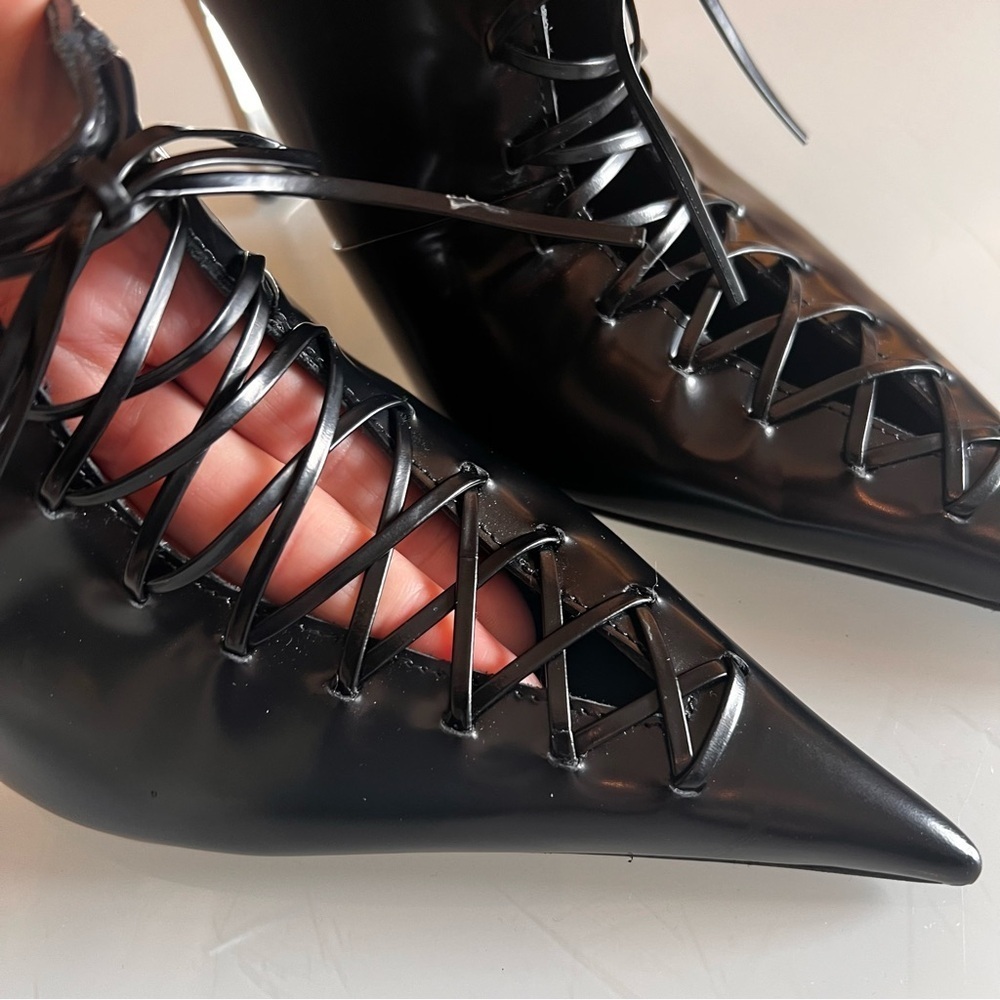VERSACE 110mm lace-up leather pointed toe mule heels - Picture 5 of 16